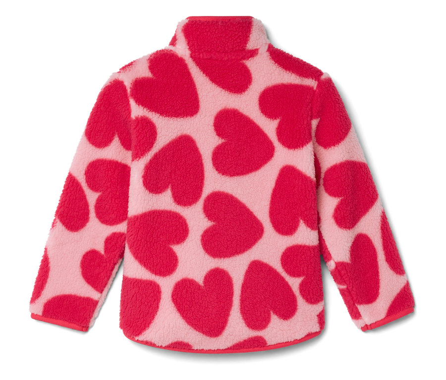 Rosa Fleecejacke mit rotem Herzmuster.