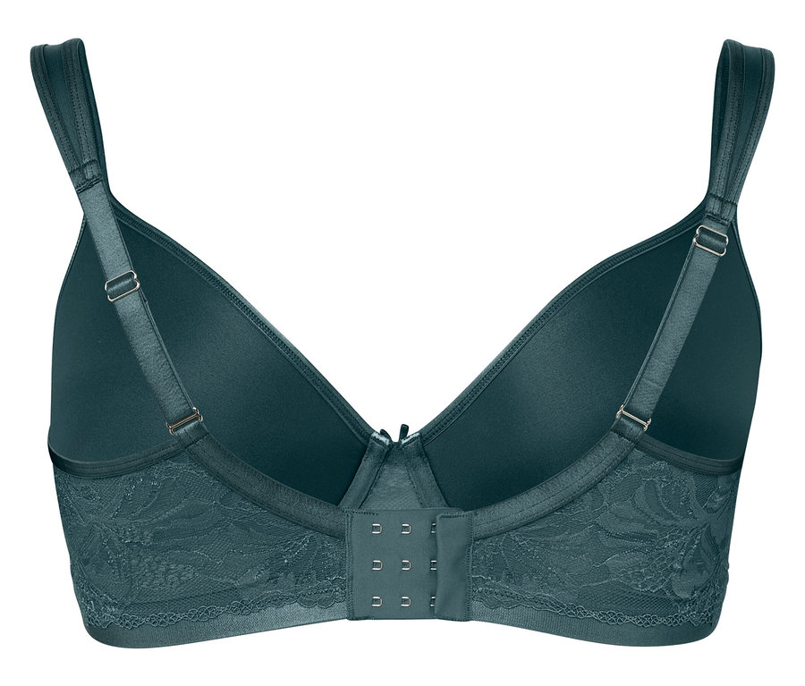 Detail der Rückseite eines dunkelgrünen BHs mit Spitzendetails und Hakenverschluss.
