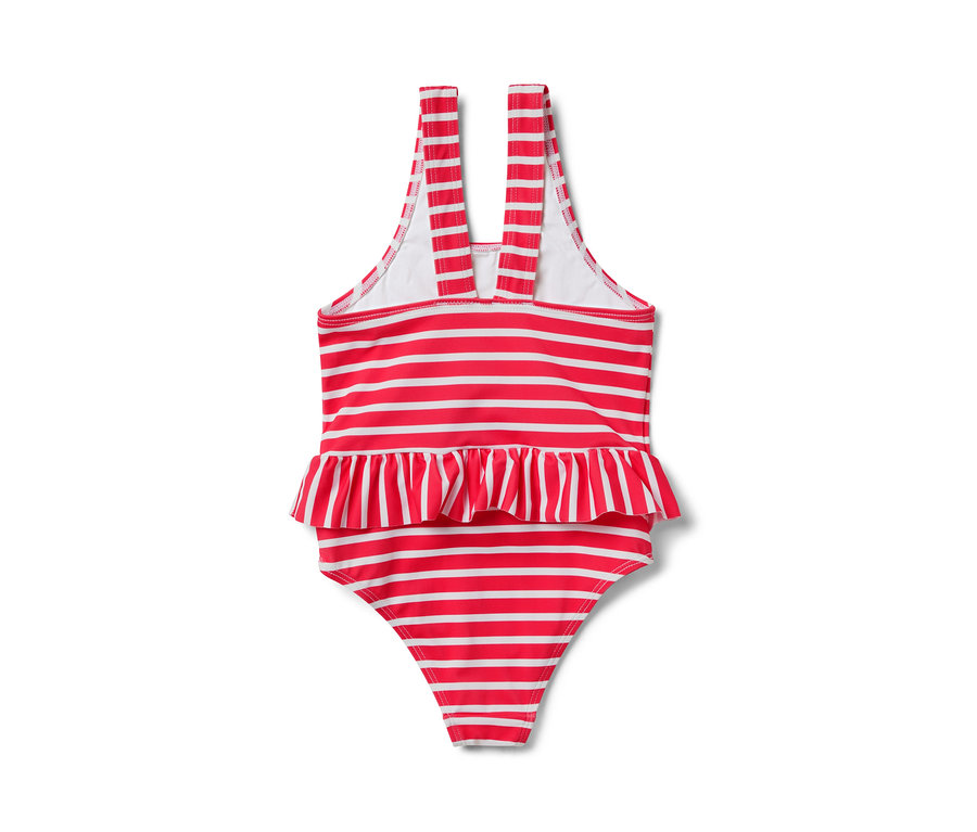 Rückansicht von Kinder-Badeanzug mit roten und weißen horizontalen Streifen und roten Trägern.