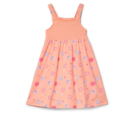 Pfirsichfarbenes Kleid mit Seestern- und Muschelmuster.