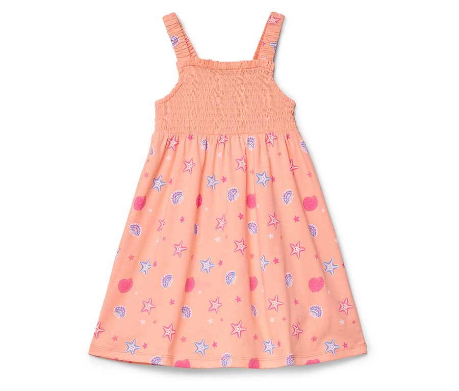 Pfirsichfarbenes Kleid mit Seestern- und Muschelmuster.