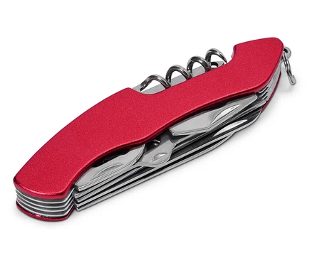 Nahaufnahme eines roten Taschenmessers mit Korkenzieher und verschiedenen Werkzeugen, die teilweise herausgezogen sind.