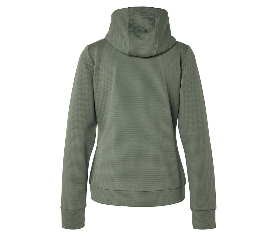 Rückansicht einer olivgrünen Kapuzenjacke mit Waffelstruktur.