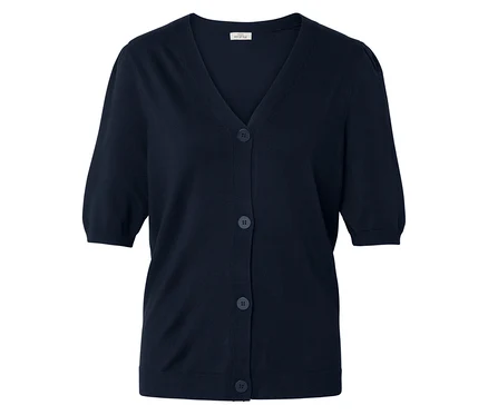 Marineblaue, kurzärmelige Strickjacke mit V-Ausschnitt und fünf Knöpfen.