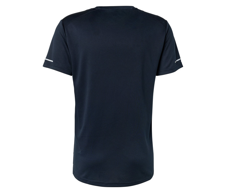 Dunkelblaues T-Shirt von hinten mit einem reflektierenden Streifen am Ärmel.
