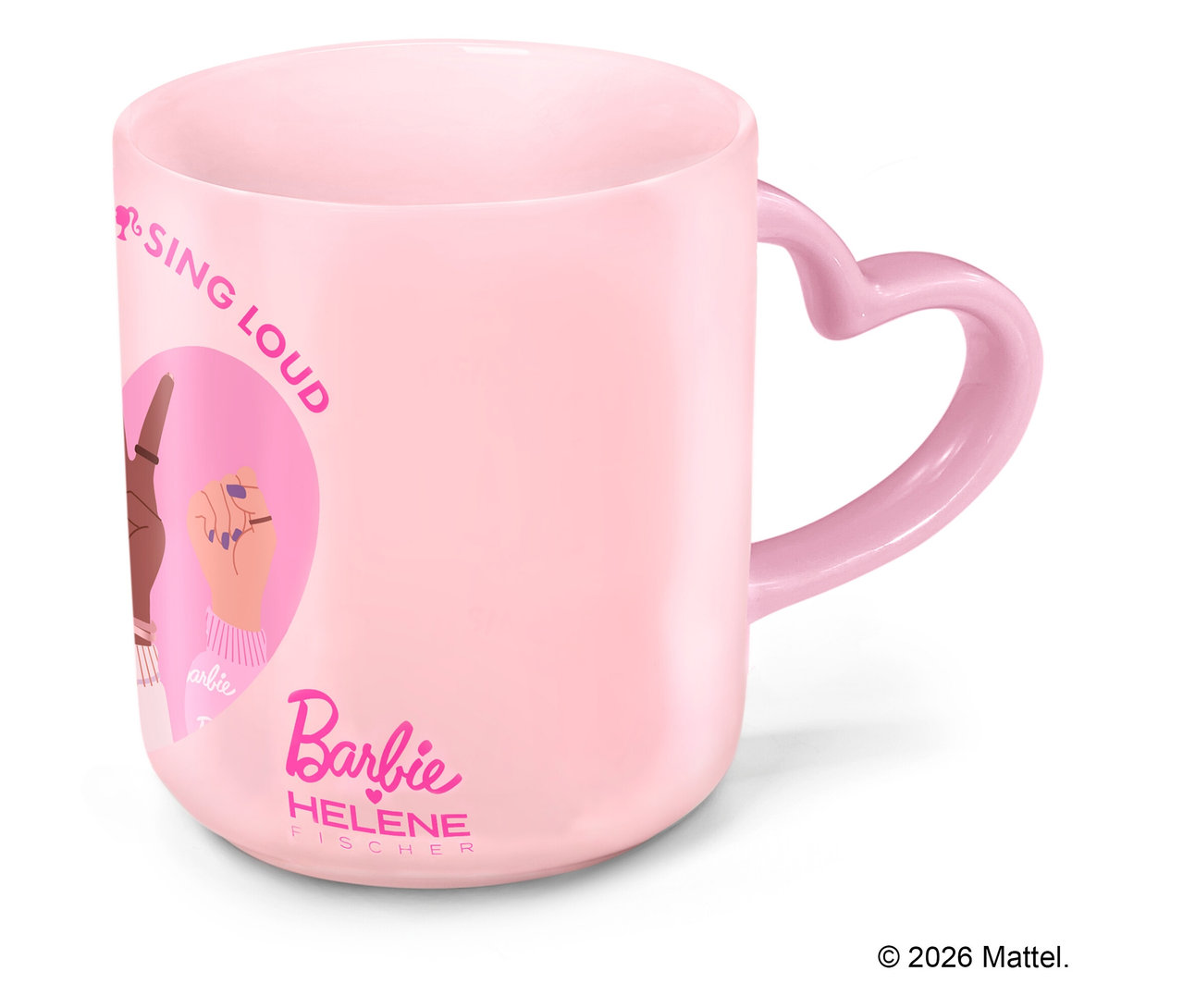 Rosa Barbie Tasse mit herzförmigem Henkel und dem Aufdruck "Sing Loud".
