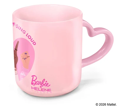 Rosa Barbie Tasse mit herzförmigem Henkel und dem Aufdruck "Sing Loud".