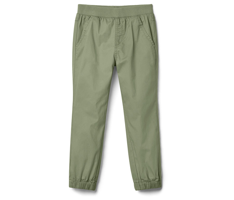 Eine olivgrüne Hose mit elastischem Bund und Bündchen liegt auf einem weißen Hintergrund.