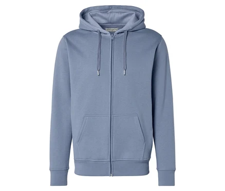 Hellblauer Kapuzenpullover mit Reißverschluss und Kängurutasche.
