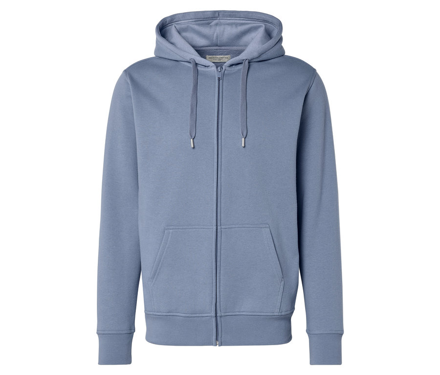 Hellblauer Kapuzenpullover mit Reißverschluss und Kängurutasche.