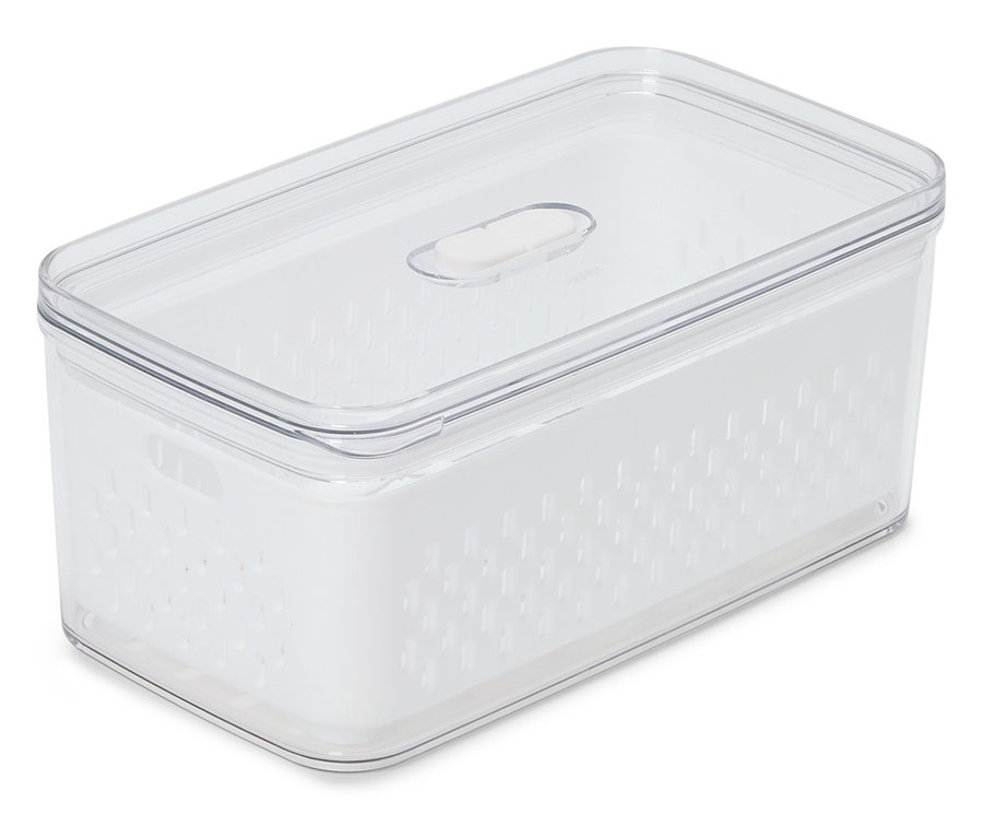 Ein rechteckiger, durchsichtiger Frischhaltebehälter mit einem weißen Einsatz und einem durchsichtigen Deckel steht auf einem weißen Hintergrund.