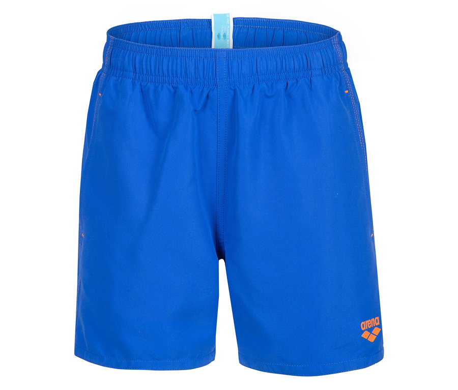Blaue Badehose mit orangefarbenem Arena-Logo.