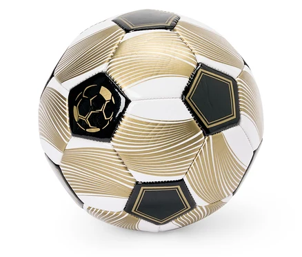 Nahaufnahme eines Fußballs mit goldenen und schwarzen Akzenten. Fußball.