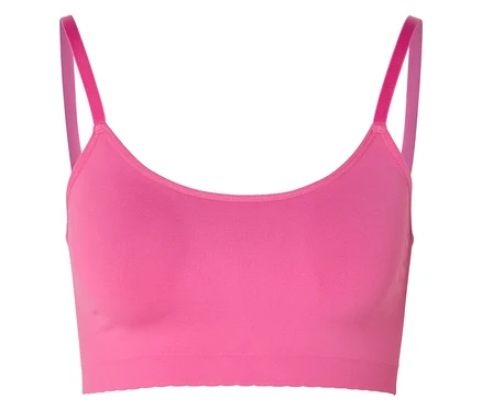 Pinkfarbenes Seamless-Bustier mit Spitze und schmalen Trägern vor weißem Hintergrund.