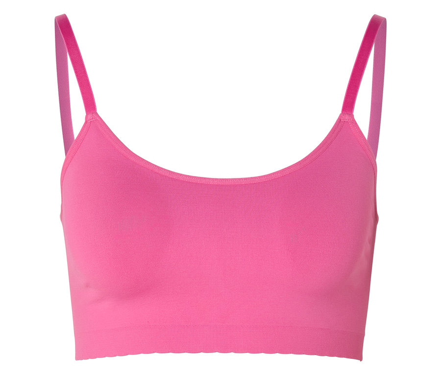 Pinkfarbenes Seamless-Bustier mit Spitze und schmalen Trägern vor weißem Hintergrund.