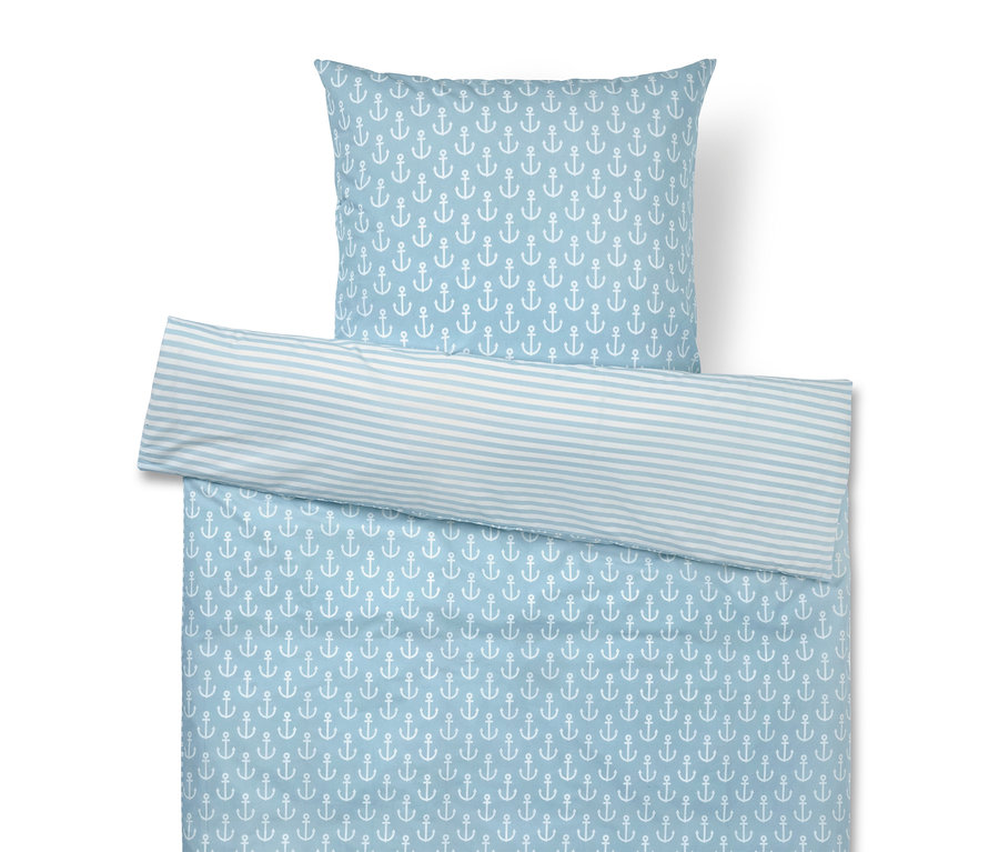 Bettwäsche-Set mit Anker- und Streifenmuster in Blau und Weiß, bestehend aus einem Kissenbezug und einem Bettbezug.