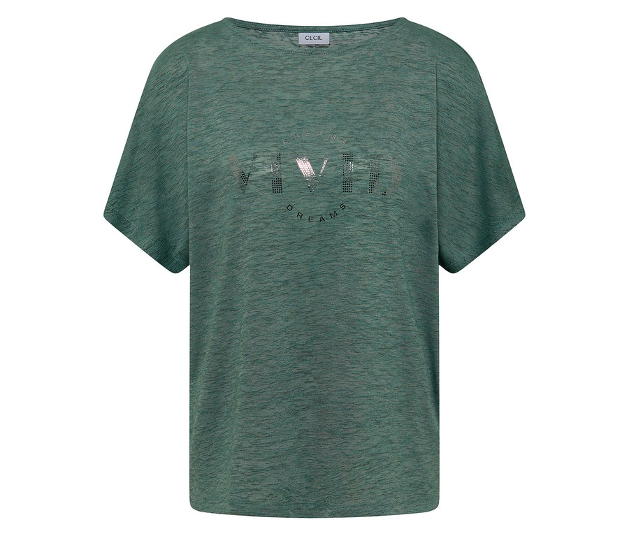 Grünes CECIL T-Shirt mit Rundhalsausschnitt und silberfarbenem "Vivid Dreams"-Schriftzug.