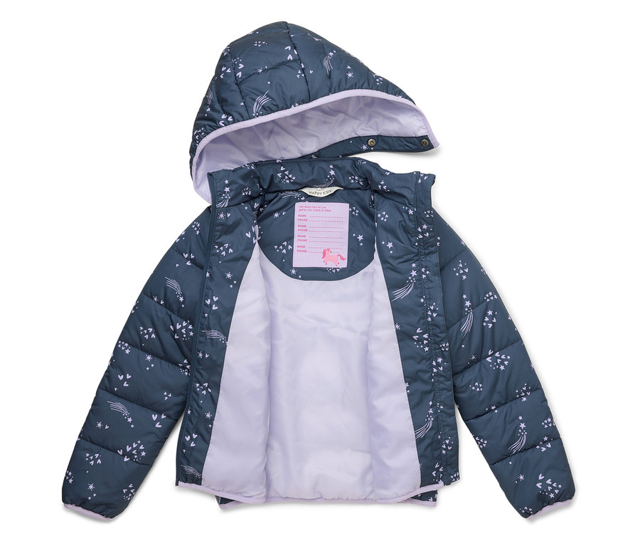 Offene, marineblaue, gesteppte Jacke mit Kapuze und Lavendelfutter, verziert mit Sternschnuppen und Sternen.