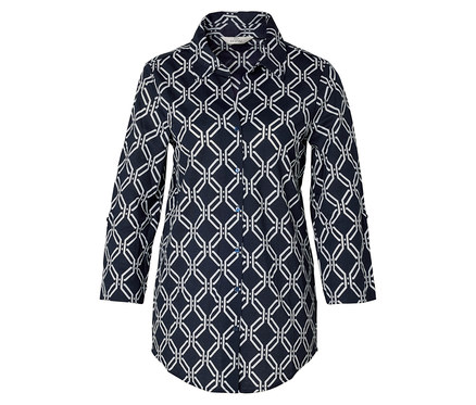 Piqué-Jerseybluse, dunkelblau-weisser Alloverprint