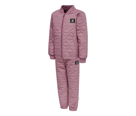 Rosa gestepptes hummel® HMLSOBI Thermo-Set mit Jacke und Hose, beide mit Rautenmuster und Rippbündchen.