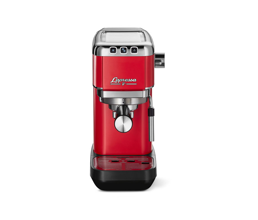 Rote »Lapressa« Siebträgermaschine.