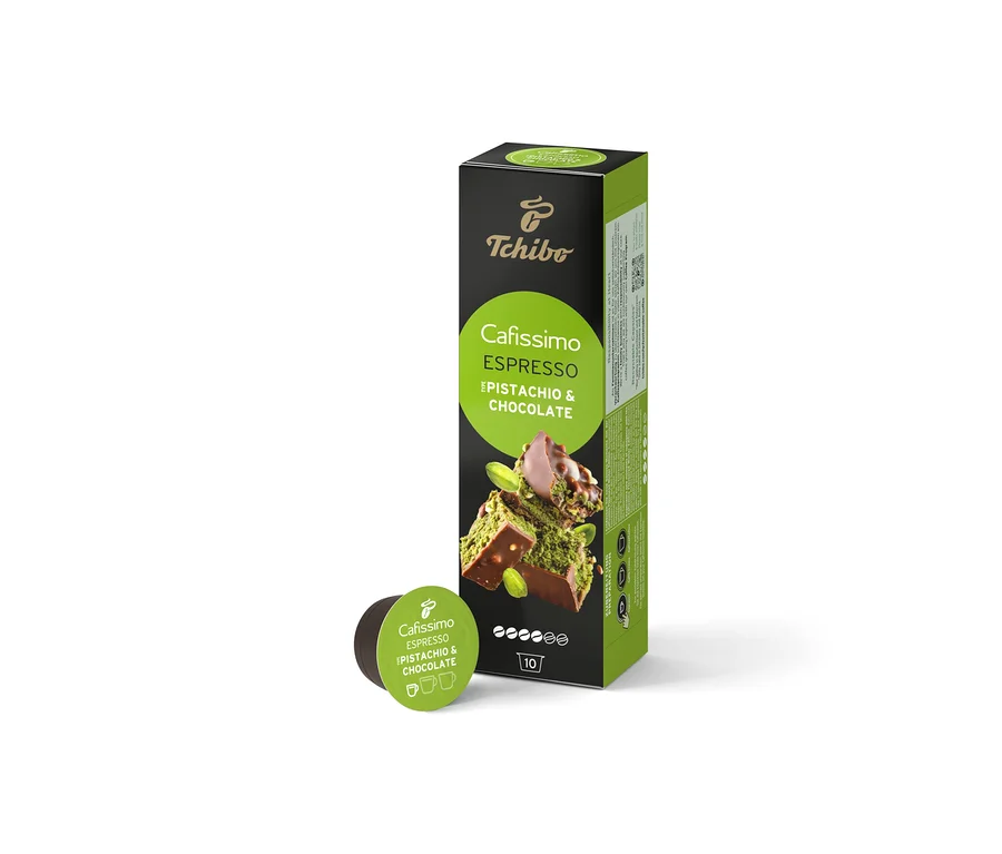 Eine Packung und eine Kapsel Cafissimo Flavoured Espresso - Pistachio & Chocolate.