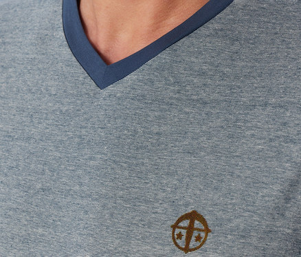 Nahaufnahme eines Mannes in einem blau-grau melierten V-Ausschnitt-Shirt mit dunkelblauem Kragen und einem braunen Logo auf der Brust.