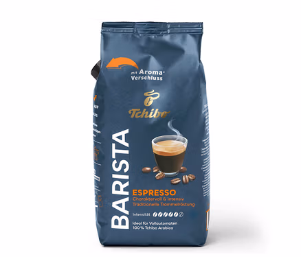 Eine Packung Tchibo Barista Espresso Kaffee. Auf der Packung befindet sich eine Tasse Espresso und der Text "ESPRESSO".