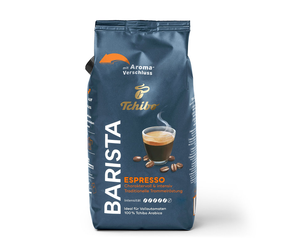 Eine Packung Tchibo Barista Espresso Kaffee. Auf der Packung befindet sich eine Tasse Espresso und der Text "ESPRESSO".