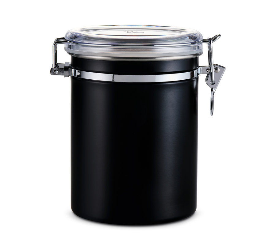 Eine schwarze Aromadose mit transparentem Deckel.