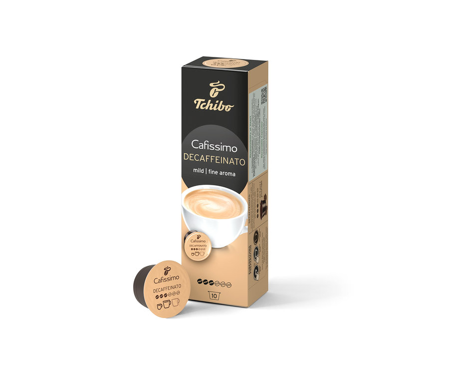 Eine Packung Cafissimo Decaffeinato - entkoffeiniert - 10 Kapseln steht neben einer einzelnen Kapsel.