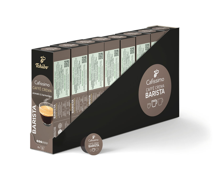 Reihe von Cafissimo BARISTA Caffè Crema Kapselpackungen.