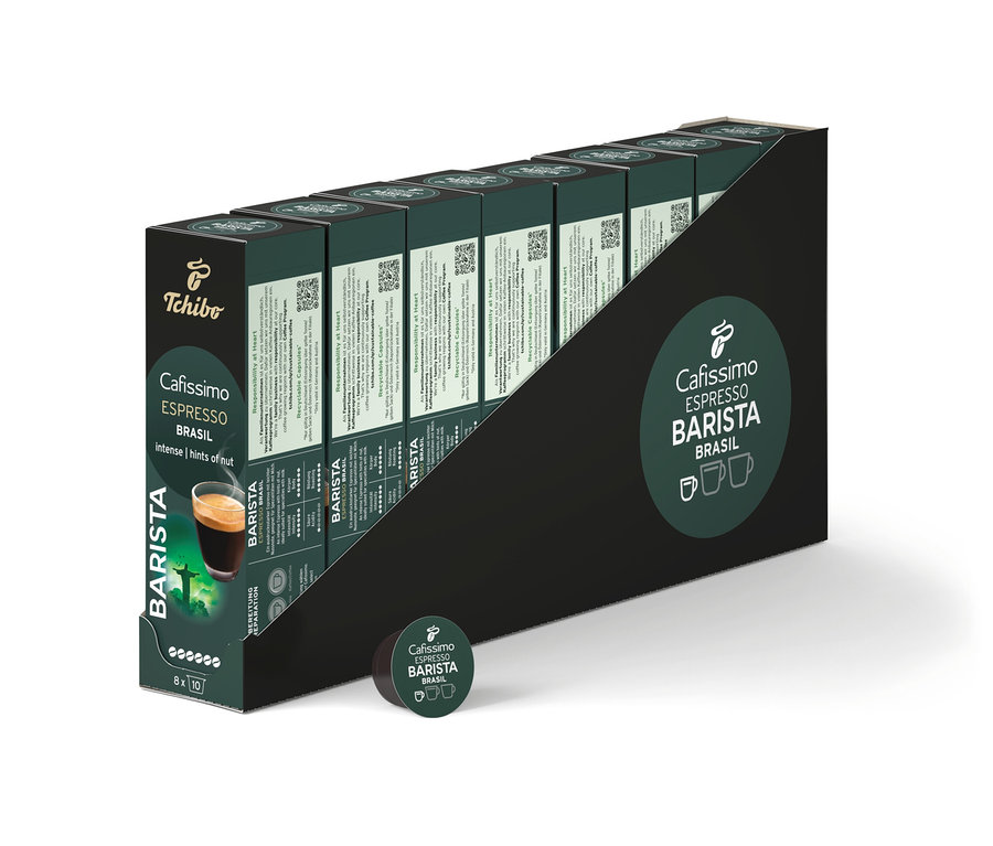 Eine Reihe von Cafissimo Barista Espresso Brasil - 80 Kapseln Packungen.