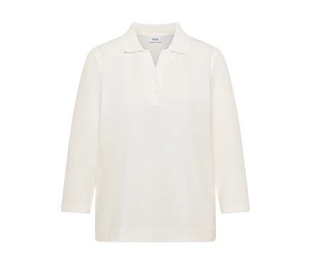 Weißes CECIL 3/4-Poloshirt mit Kragen und zwei Knöpfen.