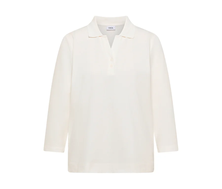 Weißes CECIL 3/4-Poloshirt mit Kragen und zwei Knöpfen.