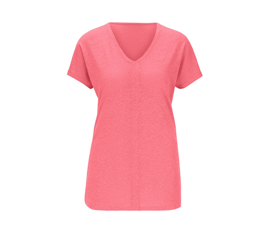 Rosa Leinenshirt mit kurzen Ärmeln und V-Ausschnitt.