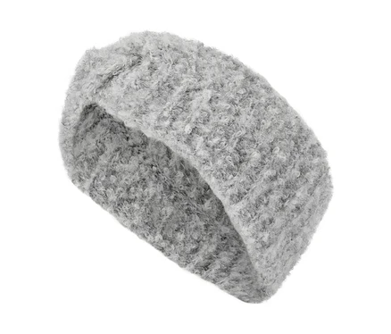 Graues, flauschiges Stirnband aus Bouclé-Stoff auf weißem Hintergrund.