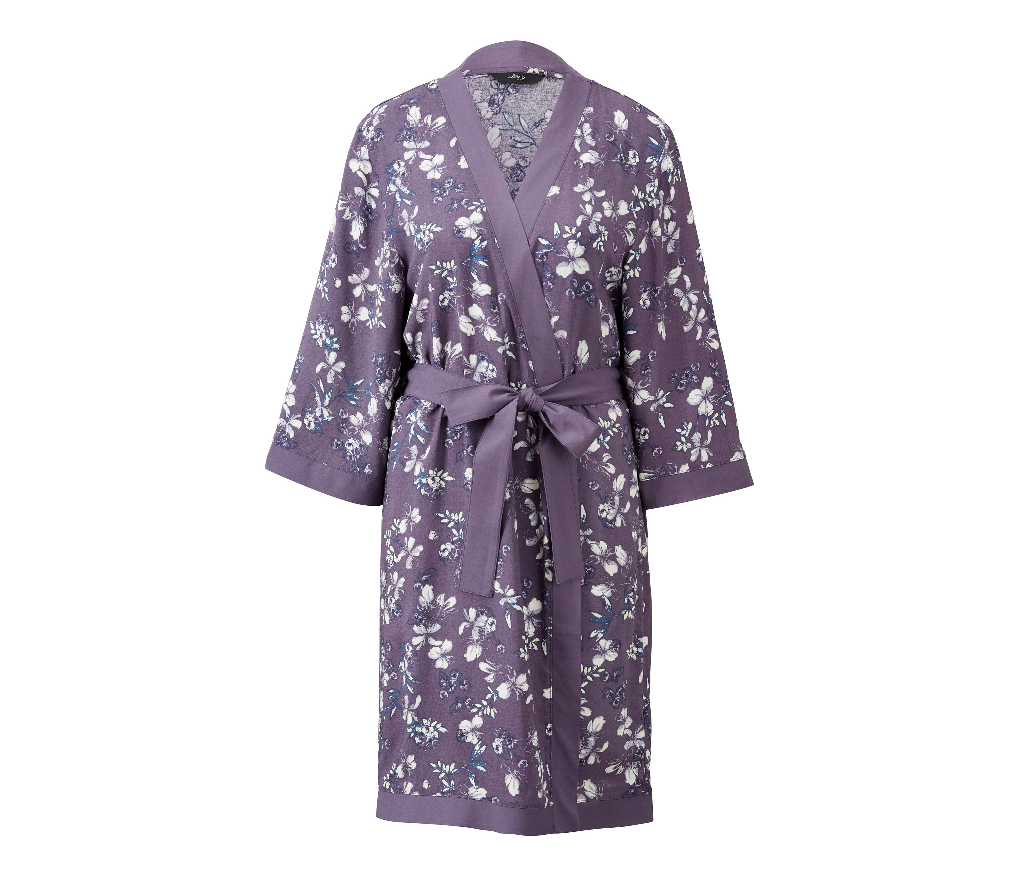 Lila Kimono-Morgenmantel mit Blumenmuster und Bindegürtel.