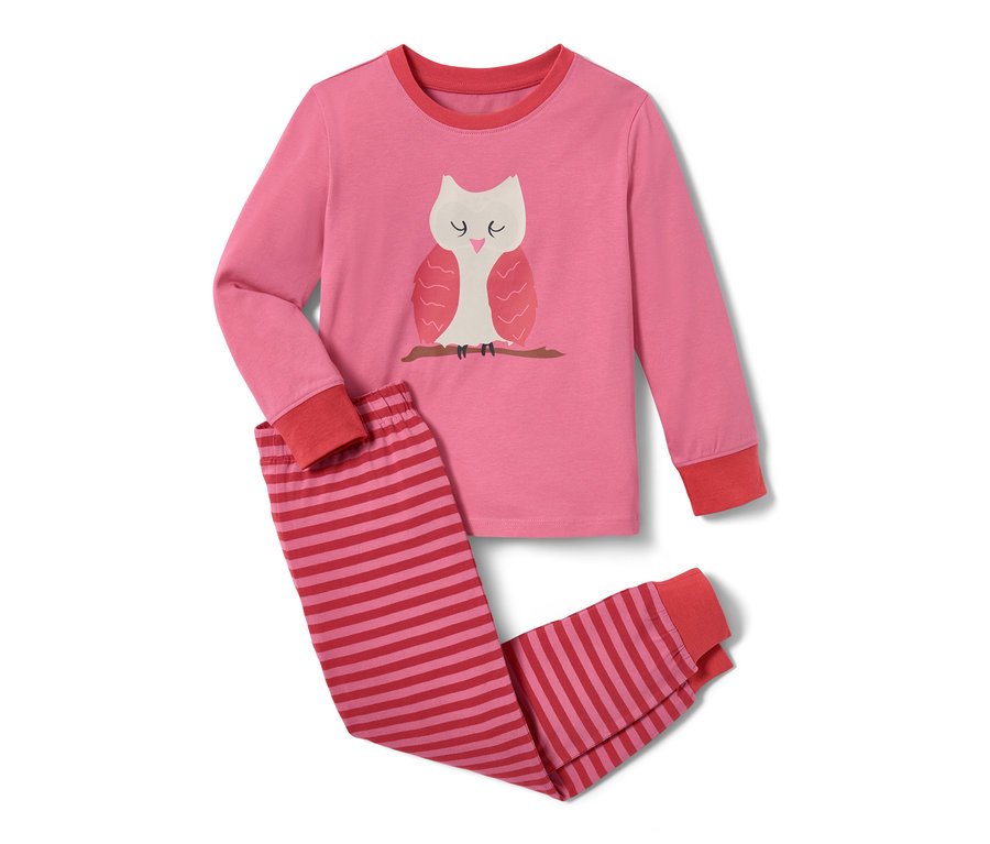 Pink-roter Pyjama mit langem Ärmel und Eulenbild und gestreifter Hose.