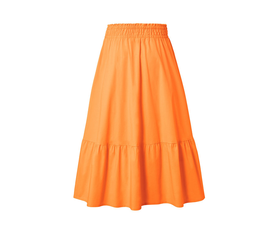 Ein orangefarbener, gewebter Midi-Rock.