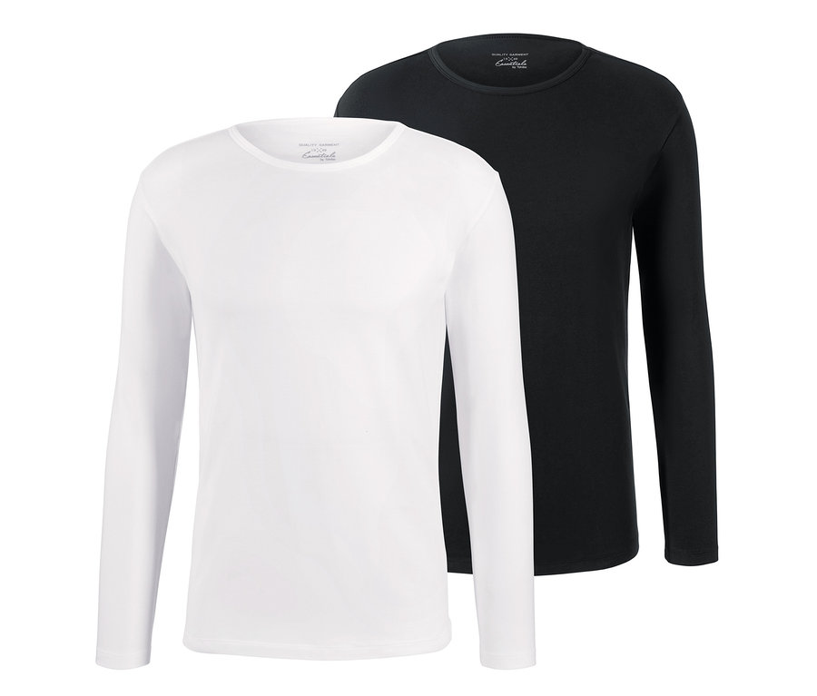 Zwei Langarm-Unterhemden in Weiß und Schwarz.