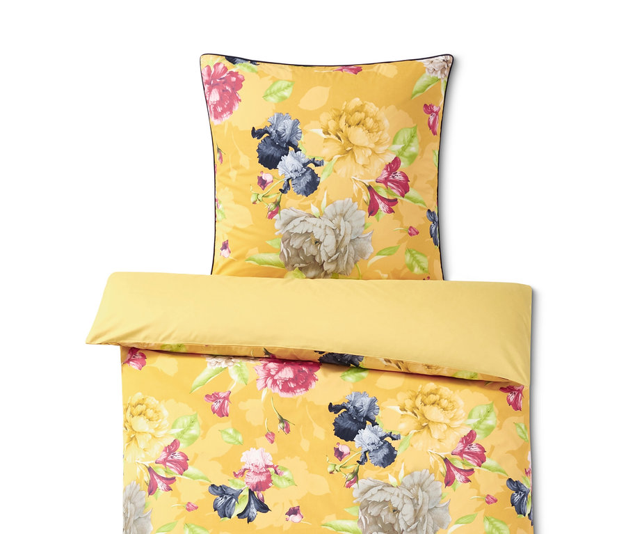 Gelbe Renforcé-Bettwäsche mit Blumenmuster in Normal-, Doppel- und Übergröße.