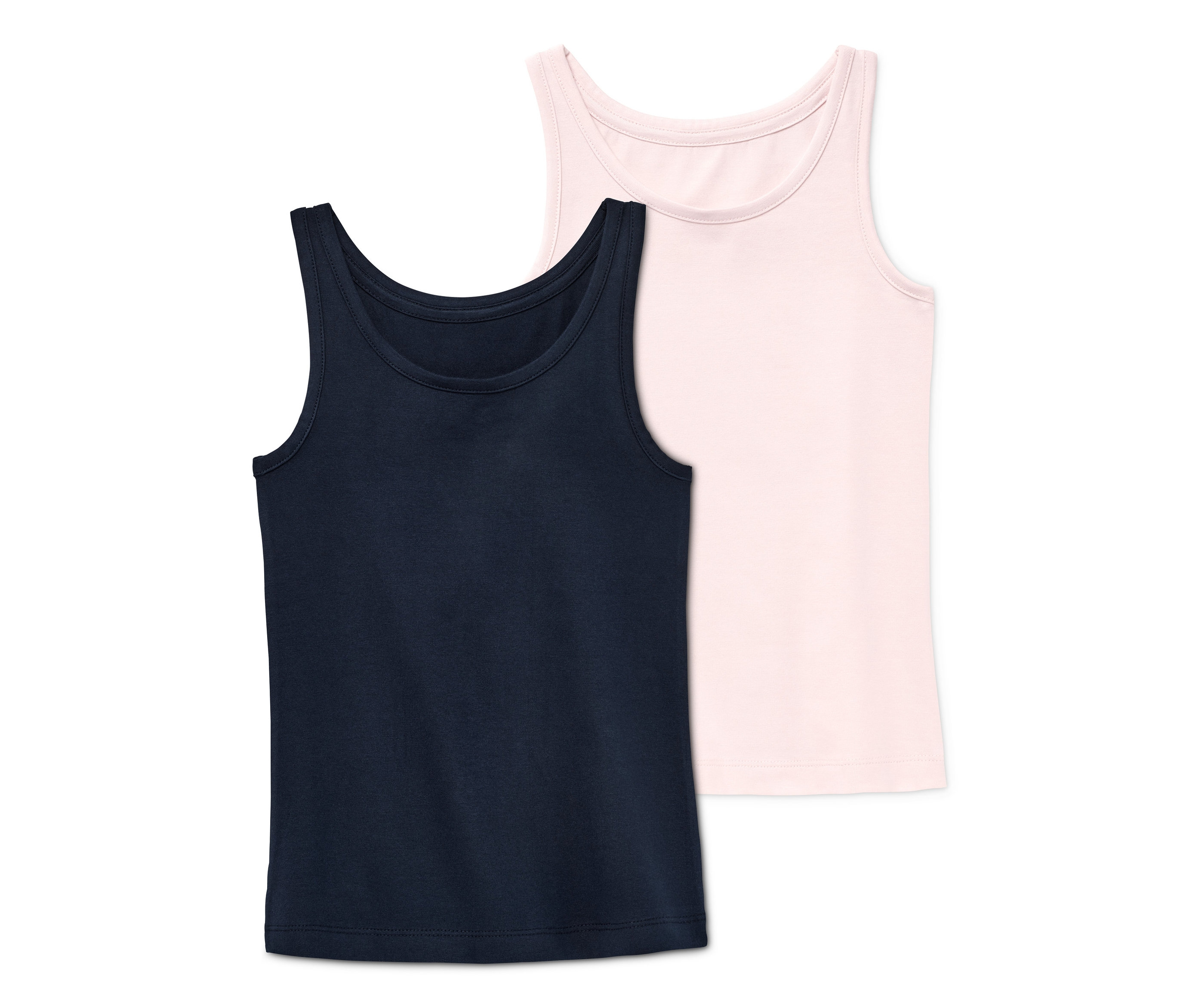 Zwei Tanktops aus Bio-Baumwolle, eines dunkelblau und eines rosa, liegen nebeneinander.