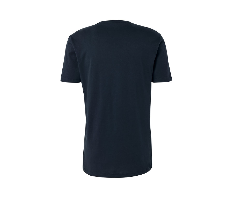 Rückansicht eines marineblauen T-Shirts mit Rundhalsausschnitt aus einem 2er-Pack.