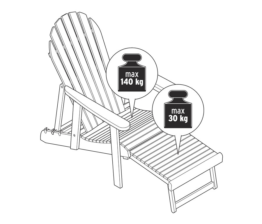 Schwarzer und naturfarbener Adirondack Gartensessel mit ausziehbarem Fußteil.