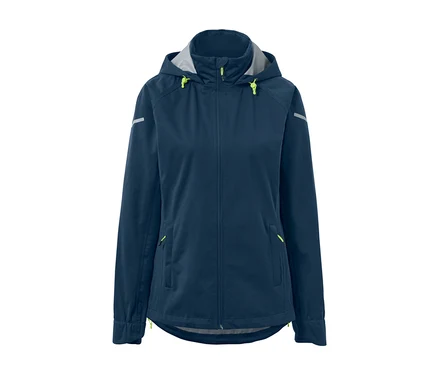 Blaue Rad-Regenjacke mit Kapuze und Reflektoren.