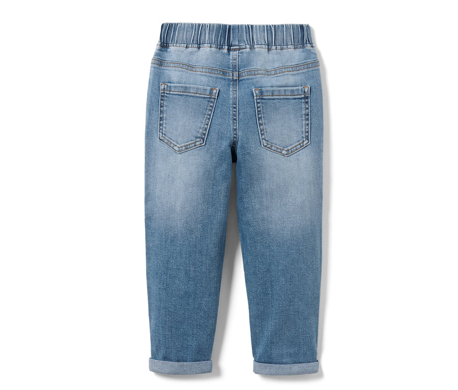 Detail einer Kleinkind-Schlupfdenim mit elastischem Bund und zwei Gesäßtaschen.