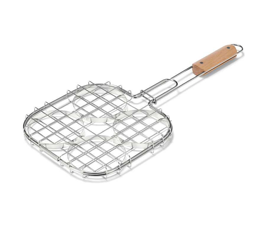 BBQ-Burgerwender mit vier runden Vertiefungen und Holzgriff.