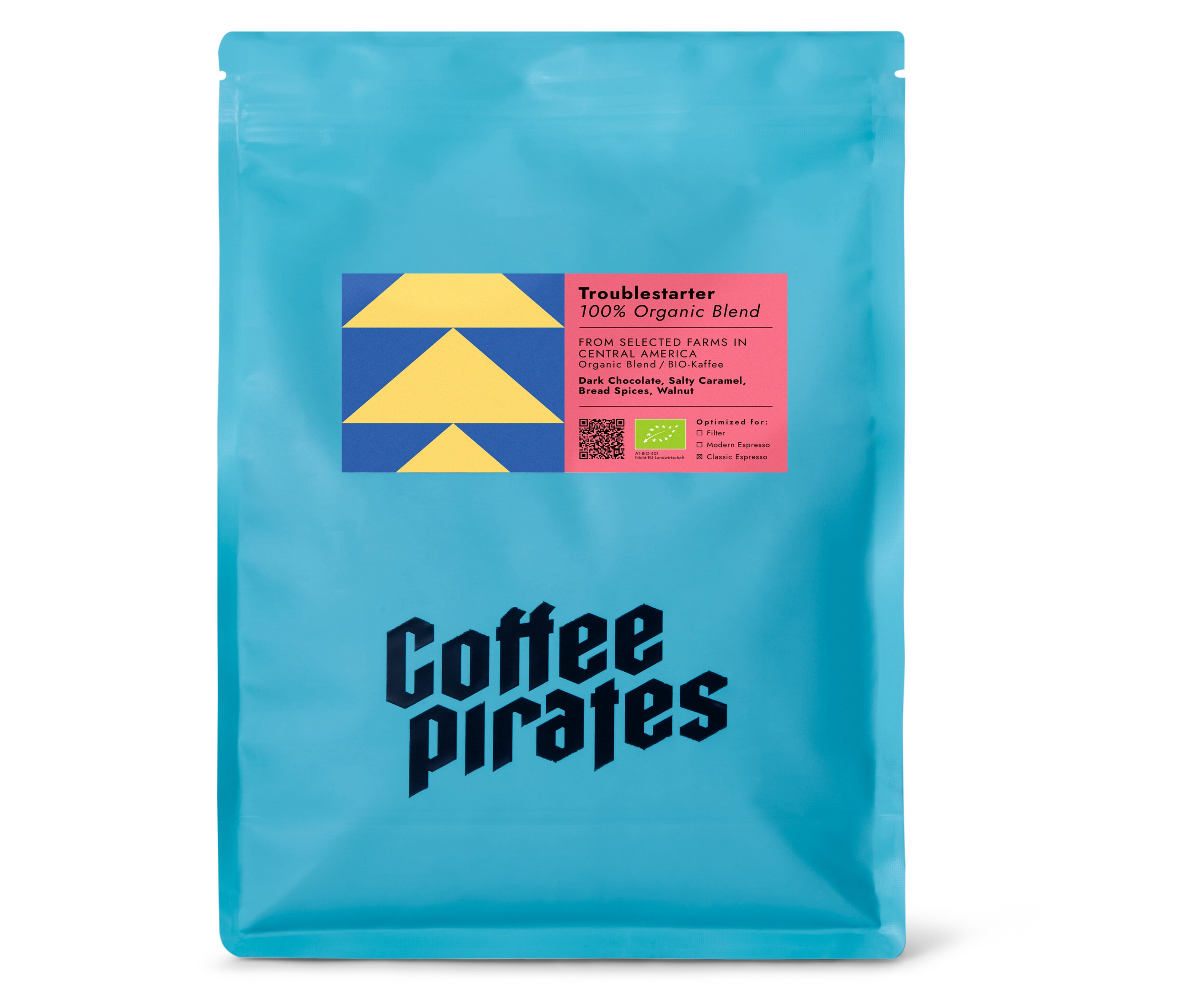 Blaue Packung Coffee Pirates - Troublestarter Bio Espresso - 1 kg Ganze Bohne.