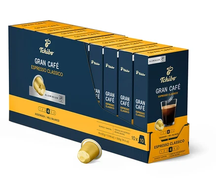 Eine Packung Tchibo Gran Café Espresso Classico - 100 Kapseln. Die Packung ist blau.